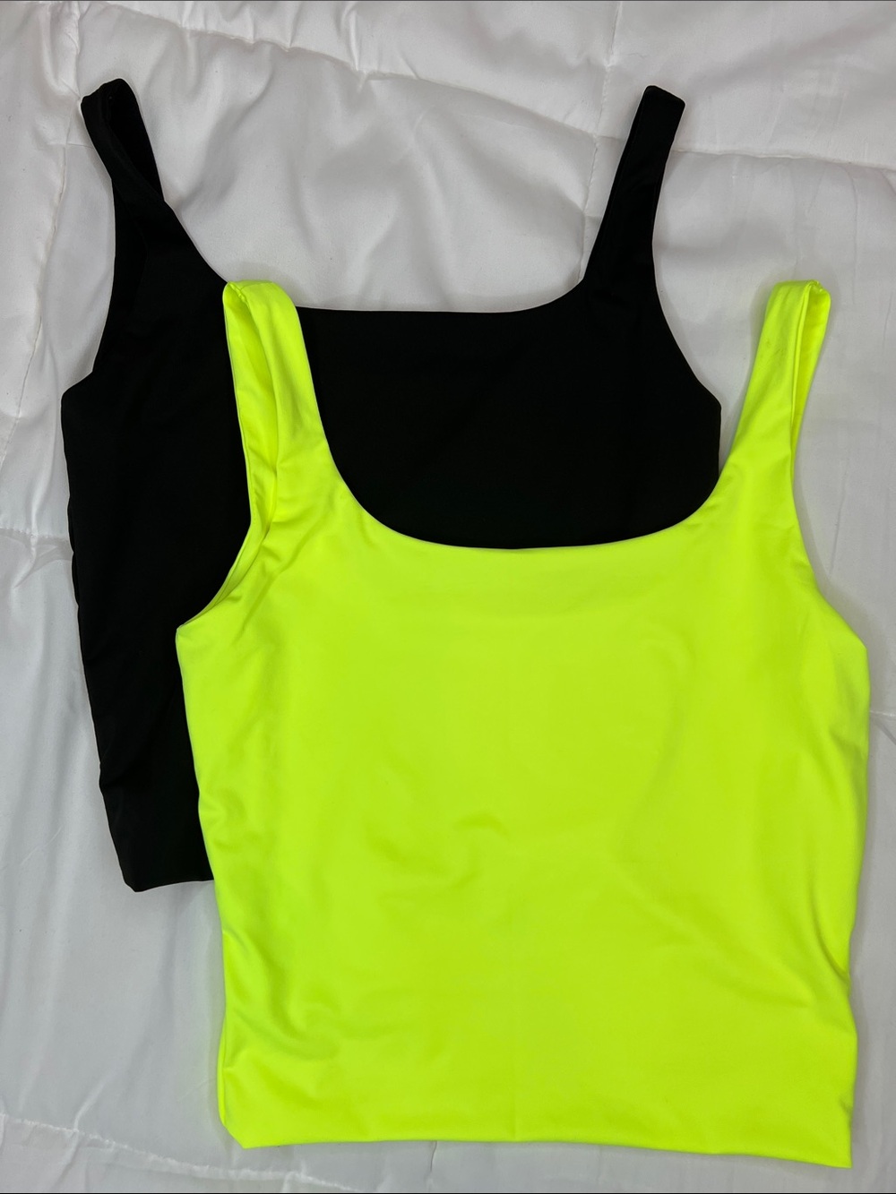 Neon Yellow & Black Scoop Neck Tank Top Duo